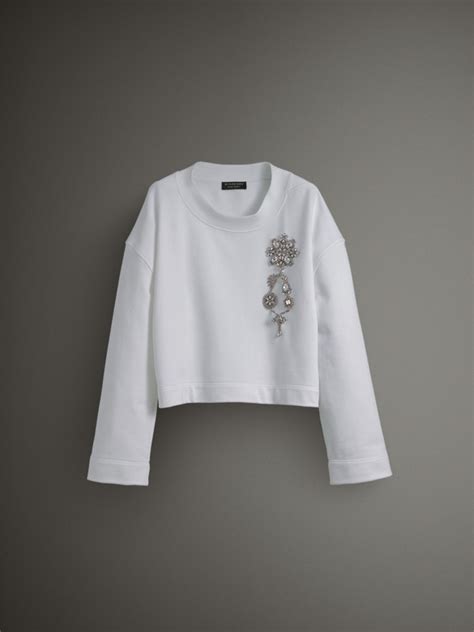 Cropped Sweatshirt With Crystal Brooch In Optic White